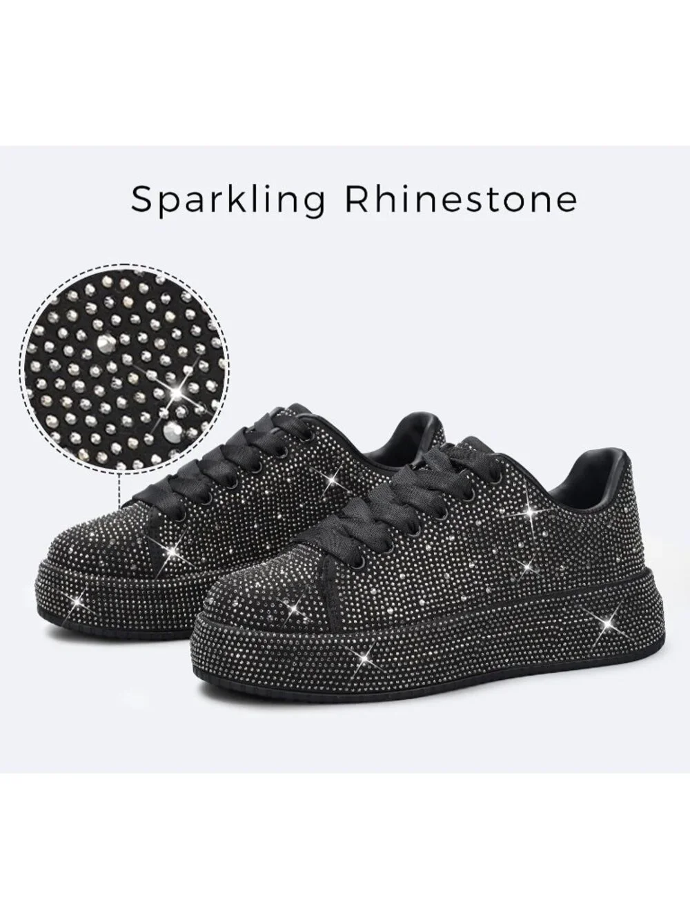 🆕Women's Black Sparkly Glitter Bling Tennis Rhinestone Platform Sneakers